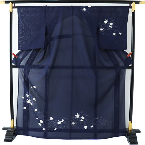 付下げ リサイクル 夏着物 身丈167.6cm 裄66.8cm 夏物 紅葉柄 刺繍 箔加工 銀駒 絽 ネイビー LLサイズ お洒落 正絹 広衿 Sランク