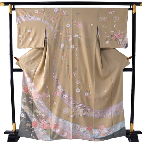 訪問着 リサイクル 身丈161.8cm 裄66.4cm 袷 梅竹 箔 ブラウン Lサイズ セミフォーマル お洒落 正絹 広衿 Sランク