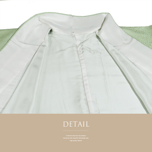 色無地 リサイクル 身丈159.8cm 裄70.4cm 袷 松柄 グリーン Mサイズ お洒落 落款 正絹 広衿 地紋あり Sランク