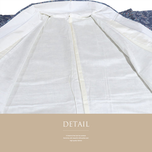 紬 リサイクル 身丈162cm 裄64cm 袷 染め紬 花と鳥柄 ブルー Lサイズ カジュアル お洒落 正絹 広衿 Sランク