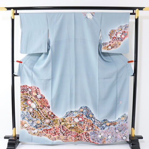 訪問着 リサイクル 身丈161.7cm 裄64.4cm 袷 辻が花 桐屋・翠山工房 絞り ブルー Lサイズ お洒落 落款 正絹 広衿 Sランク