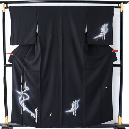 訪問着 リサイクル 身丈156cm 裄64.4cm 袷 金駒刺繍 竹にひょうたん柄 ブラック Mサイズ セミフォーマル 落款 正絹 広衿 Sランク