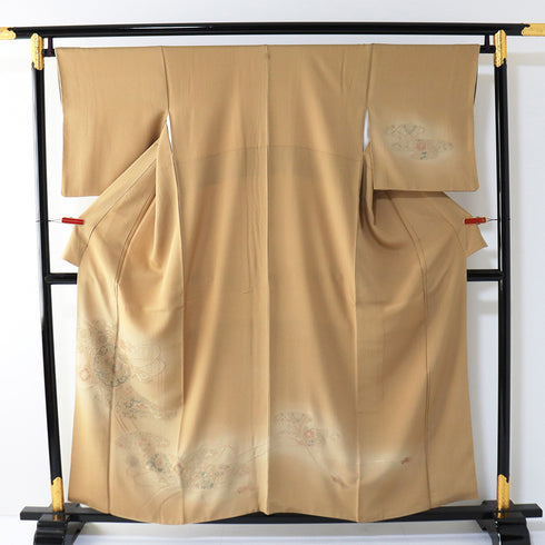 訪問着 リサイクル 身丈155.3cm 裄66.8cm 袷 霞に鳳凰や組紐柄 汕頭刺繍 ブラウン Sサイズ セミフォーマル 一つ紋 正絹 広衿 Aランク