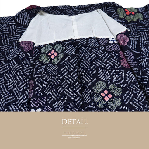 浴衣 リサイクル 夏着物 身丈149.5cm 裄64.4cm 夏物 絞り 花柄 ネイビー SSサイズ カジュアル しつけ糸 木綿 洗える着物 バチ衿 Sランク