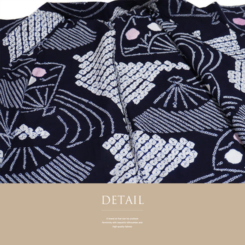 浴衣 リサイクル 夏着物 身丈149cm 裄62.5cm 夏物 絞り 扇子柄 ネイビー SSサイズ カジュアル 木綿 洗える着物 バチ衿 Sランク