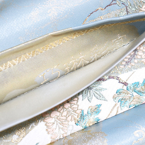 袋帯 リサイクル 帯丈436cm 六通 功琳彩宴 地紙に花柄 ブルー Mサイズ 正絹 新品・未使用品 フォーマル セミフォーマル