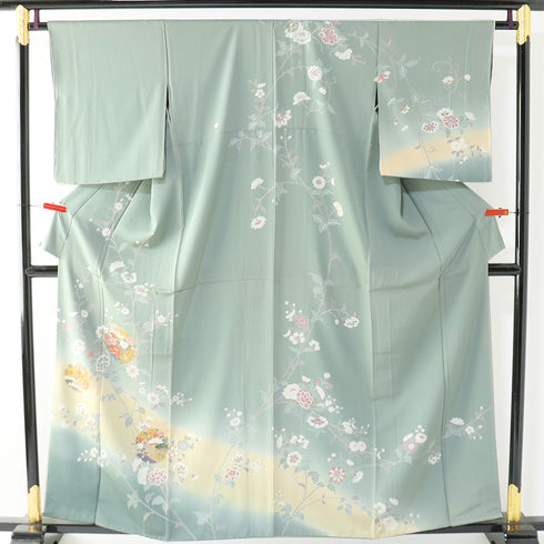 訪問着 リサイクル 身丈158.8cm 裄64.6cm 袷 雪輪に花柄 グリーン Mサイズ フォーマル セミフォーマル しつけ糸 正絹 広衿 Sランク