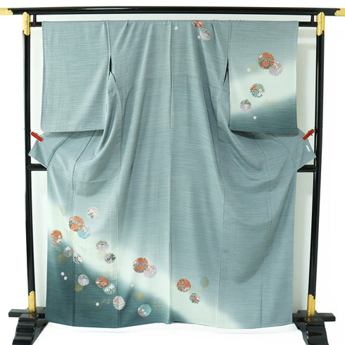 付下げ リサイクル 身丈160.5cm 裄67.2cm 単衣 ぼかし柄 雪輪柄 花柄 刺繍 箔加工 グリーン Lサイズ セミフォーマル 正絹 広衿 Sランク