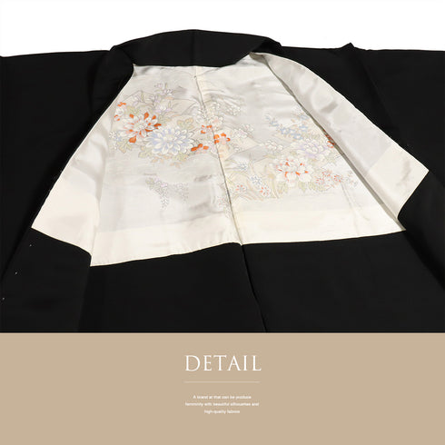 黒羽織 リサイクル 身丈81.2cm 裄67.2cm 袷 黒絵羽 祇園祭柄 ブラック Lサイズ フォーマル しつけ糸 正絹 Sランク