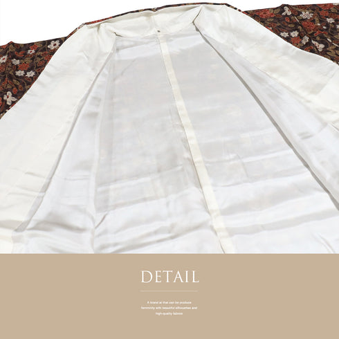 小紋 リサイクル 身丈159.2cm 裄64.8cm 袷 花柄 椿 部分絞り ブラウン Mサイズ お洒落 カジュアル 正絹 広衿 Sランク