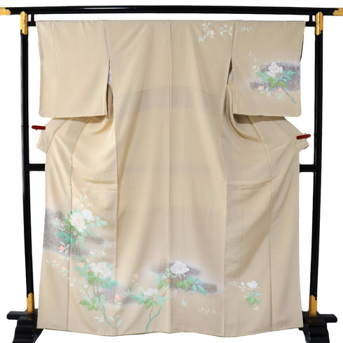 訪問着 リサイクル 身丈162.8cm 裄66.8cm 袷 箔加工 牡丹柄 ベージュ Lサイズ 正絹 広衿 Sランク