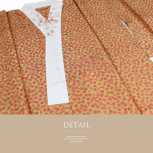 長襦袢 リサイクル 長襦袢 身丈132.7cm 裄66cm 袷 小花柄 地紋 刺繍衿 オレンジ Mサイズ 正絹 Sランク