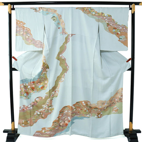 訪問着 リサイクル 身丈159.2cm 裄68.4cm 袷 牡丹に花丸柄 金駒刺繍 箔 ブルー Mサイズ セミフォーマル 正絹 広衿 Aランク