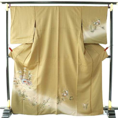付下げ リサイクル 身丈164.8cm 裄68.4cm 袷 扇子や菊に草花柄 刺繍 金彩 ブラウン Lサイズ セミフォーマル お洒落 正絹 広衿 Sランク