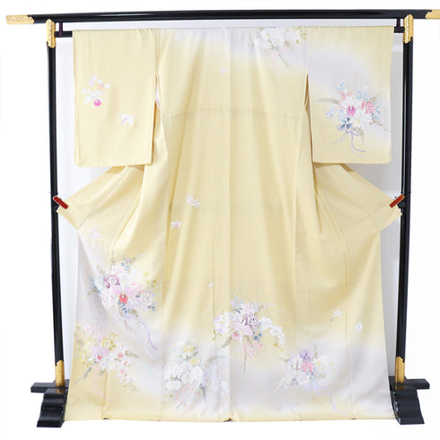 訪問着 リサイクル 身丈170.7cm 裄68cm 袷 花束 刺繍 箔 イエロー LLサイズ お洒落 セミフォーマル 正絹 広衿 Sランク