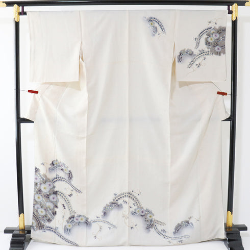 訪問着 リサイクル 身丈167.7cm 裄67cm 袷 辻が花模様 後絞り加工 箔 アイボリー LLサイズ セミフォーマル お洒落 正絹 広衿 Aランク