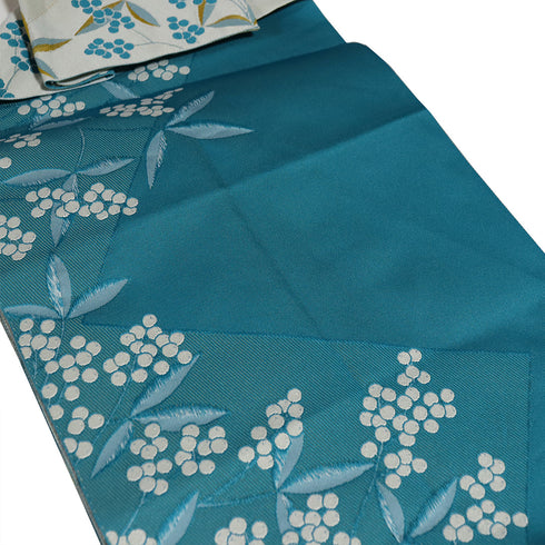 名古屋帯 リサイクル 帯丈362cm 全通 八寸 植物柄 グレー Mサイズ ポリエステル Sランク カジュアル お洒落