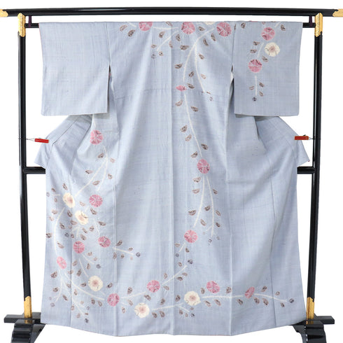 付下げ リサイクル 身丈162.7cm 裄64.8cm 袷 紬 巻き上げ絞りに花柄 ブルー Lサイズ お洒落 正絹 広衿 Aランク