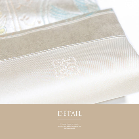 名古屋帯 リサイクル 帯丈357.5cm 六通 唐草に鳥柄 シルバー Sサイズ 正絹 新品・未使用品 お洒落