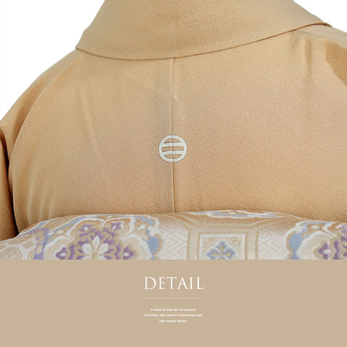 色留袖 リサイクル 身丈161.5cm 裄65.6cm 袷 本金箔 雲上花の宴 金駒刺繍 パールトーン加工済 ベージュ Lサイズ 落款 三つ紋 正絹 広衿 Aランク