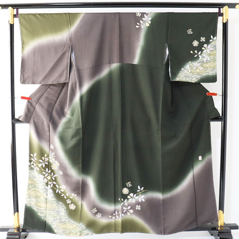 訪問着 リサイクル 身丈157.7cm 裄67.6cm 袷 花柄 ぼかし 絞り 金駒刺繍 グリーン Mサイズ お洒落 落款 しつけ糸 正絹 広衿 Aランク