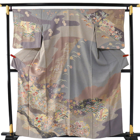 訪問着 リサイクル 身丈156.5cm 裄66.8cm 袷 絞り染め分け 雪輪に花や短冊柄 金駒刺繍 多色 Mサイズ セミフォーマル お洒落 正絹 広衿 Sランク