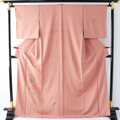 付下げ リサイクル 身丈169cm 裄64.9cm 袷 松梅桔梗 刺繍 箔 金彩 ピンク LLサイズ お洒落 しつけ糸 正絹 広衿 Sランク