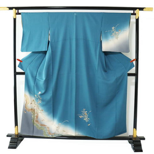 付下げ リサイクル 身丈153.5cm 裄64.8cm 袷 金彩 雲取り 花柄 ブルー Sサイズ フォーマル セミフォーマル 一つ紋 正絹 広衿 Sランク