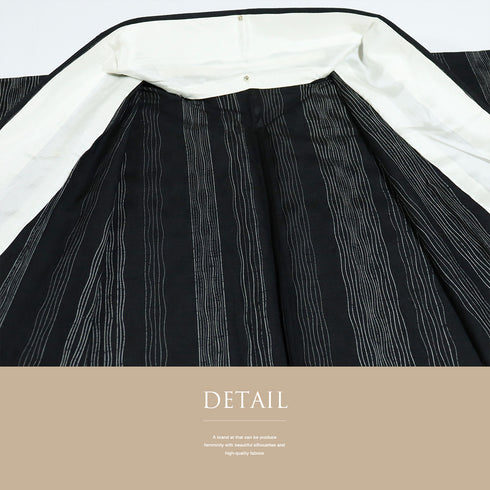 紬 リサイクル 身丈155.8cm 裄64.4cm 単衣 よろけ縞柄 ブラック Mサイズ お洒落 カジュアル 正絹 広衿 Sランク