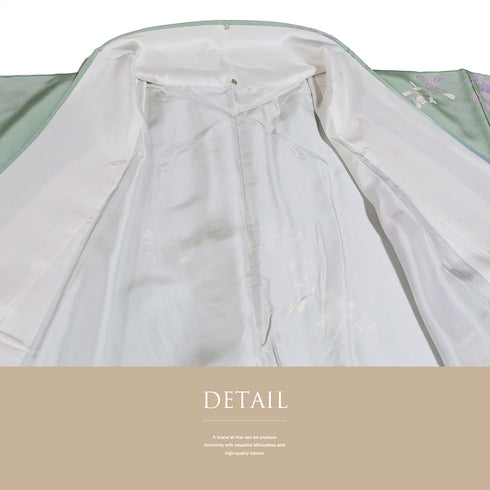 訪問着 リサイクル 身丈158cm 裄64.6cm 袷 花や木や鳥柄 松彩 グリーン Mサイズ フォーマル セミフォーマル 落款 正絹 広衿 Aランク