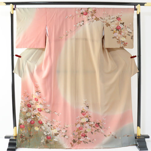 訪問着 リサイクル 身丈166.5cm 裄68.6cm 袷 菊柄 箔 胴裏化繊 ピンク LLサイズ セミフォーマル お洒落 正絹 広衿 Sランク