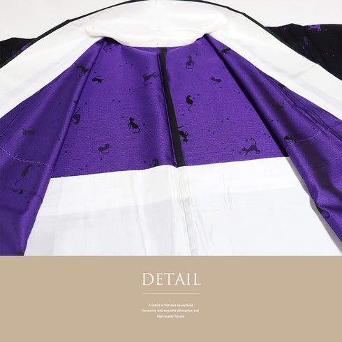 小紋 リサイクル 身丈163.5cm 裄66cm 単衣 猫柄 ゆったりサイズ ブラック Lサイズ お洒落 カジュアル 混合 洗える着物 広衿 Sランク