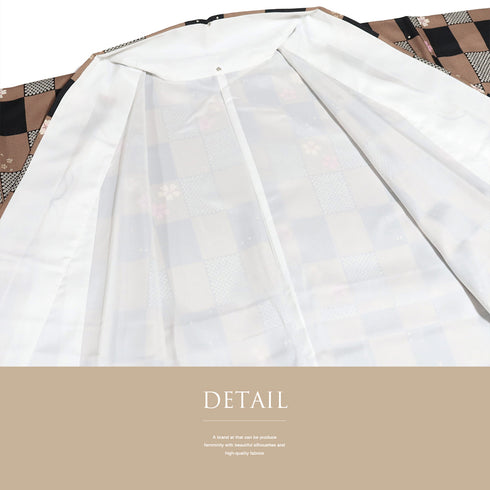 小紋 リサイクル 身丈161.8cm 裄67cm 袷 市松模様 桜柄 ブラック Lサイズ お洒落 カジュアル ポリエステル 洗える着物 広衿 Sランク