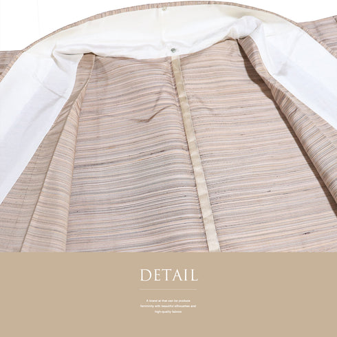 紬 リサイクル 身丈153cm 裄63cm 単衣 横縞柄 ベージュ Sサイズ カジュアル 正絹 広衿 Sランク