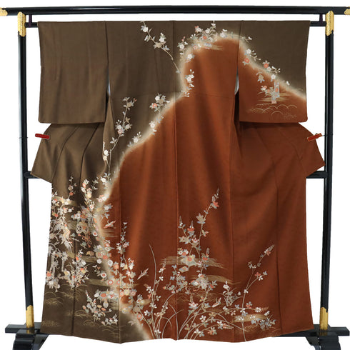 訪問着 リサイクル 身丈158.5cm 裄64.4cm 袷 花車や花籠柄 金駒刺繍 ブラウン Mサイズ セミフォーマル お洒落 正絹 広衿 Sランク