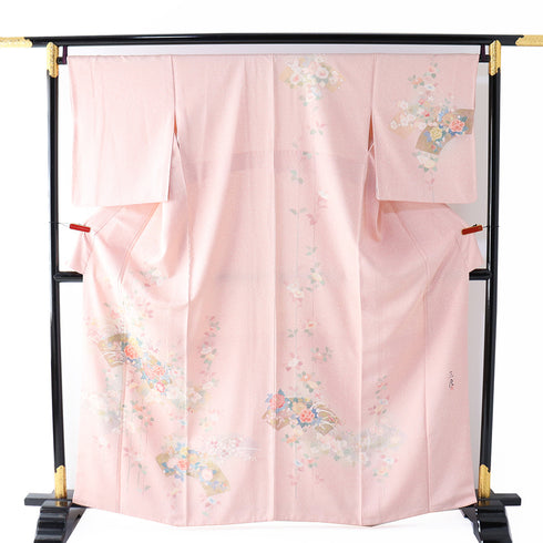 訪問着 リサイクル 身丈162.3cm 裄67.4cm 袷 地紙に牡丹柄 ピンク Lサイズ フォーマル セミフォーマル 落款 正絹 広衿 Sランク