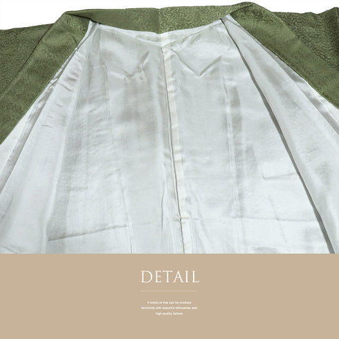 色無地 リサイクル 身丈154.8cm 裄64.4cm 袷 枝や葉に花柄 草木染 七五三 グリーン Sサイズ フォーマル お洒落 証紙 正絹 バチ衿 地紋あり Sランク