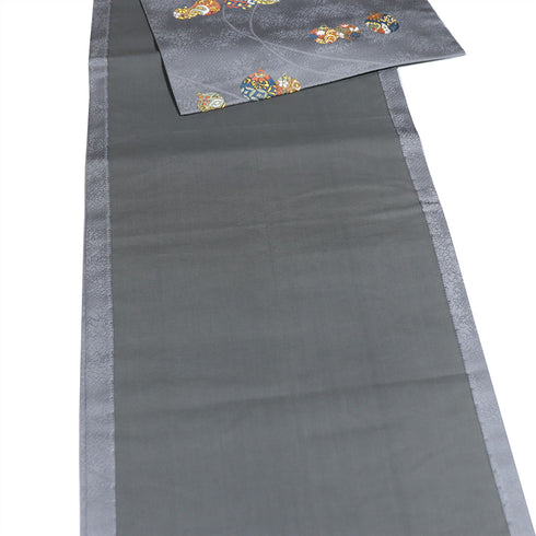 名古屋帯 リサイクル 帯丈354cm 六通 鈴柄 刺繍 地紋 グレー Sサイズ 正絹 Sランク お洒落