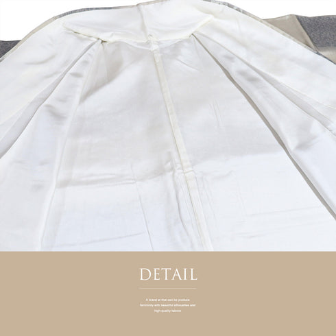 紬 リサイクル 身丈164cm 裄64.6cm 袷 横段に楓・梅・笹模様 グレー Lサイズ お洒落 証紙 しつけ糸 正絹 広衿 未使用品