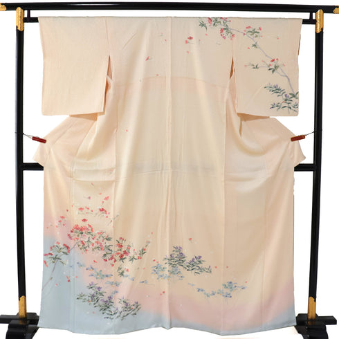訪問着 リサイクル 身丈159.3cm 裄64.8cm 袷 花柄 地紋 ベージュ Mサイズ セミフォーマル お洒落 正絹 広衿 Sランク