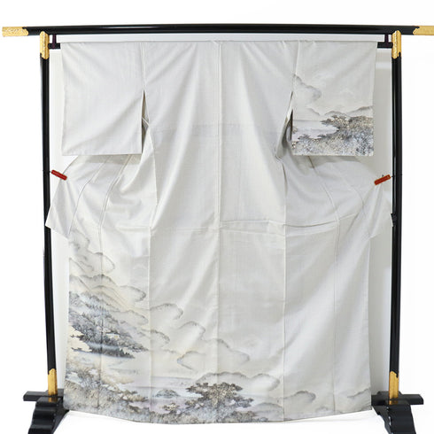 付下げ リサイクル 身丈166.4cm 裄65.6cm 袷 紬 お召 御堂のある風景柄 箔 グレー LLサイズ お洒落 正絹 広衿 Sランク