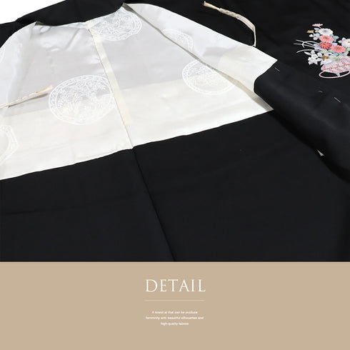 黒羽織 リサイクル 身丈78.3cm 裄64cm 袷 花籠柄 箔 ブラック Sサイズ フォーマル セミフォーマル 一つ紋 しつけ糸 正絹 Sランク