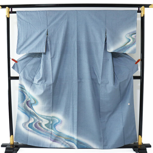 付下げ リサイクル 身丈156cm 裄65cm 袷 紬 流水柄 ゆったりサイズ ブルー Mサイズ お洒落 落款 しつけ糸 正絹 広衿 Sランク