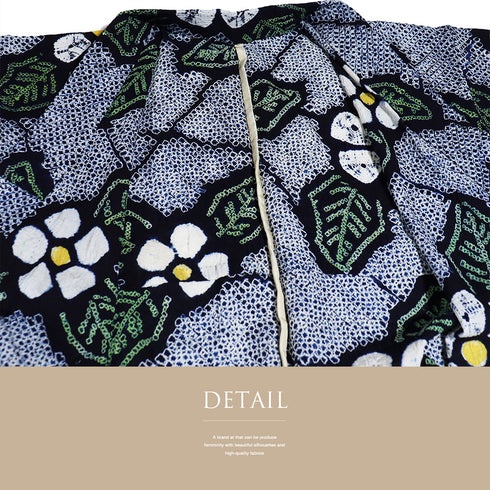 浴衣 リサイクル 夏着物 身丈152.5cm 裄65cm 夏物 花柄に麻の葉柄 絞り ネイビー Sサイズ カジュアル 木綿 洗える着物 バチ衿 Sランク