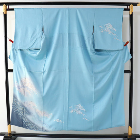 訪問着 リサイクル 身丈151cm 裄62.8cm 袷 小花柄 ブルー Sサイズ お洒落 正絹 広衿 Sランク