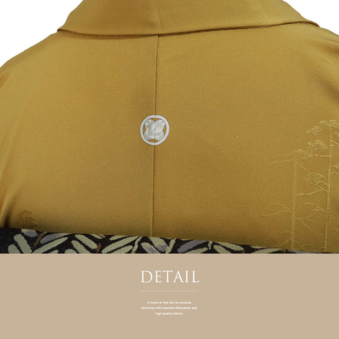 色無地 リサイクル 身丈153.5cm 裄63cm 袷 山に木立柄 イエロー Sサイズ セミフォーマル 一つ紋 正絹 広衿 地紋あり Sランク