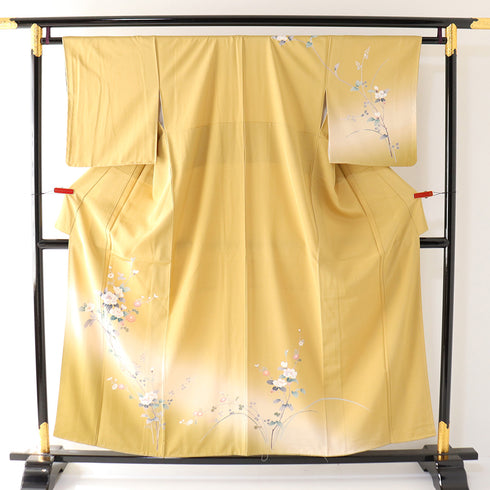 付下げ リサイクル 身丈154.5cm 裄62.8cm 袷 花枝柄 イエロー Sサイズ フォーマル セミフォーマル しつけ糸 正絹 広衿 Sランク