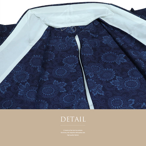 紬 リサイクル 身丈159.3cm 裄63.2cm 単衣 菊唐草模様 ネイビー Mサイズ カジュアル お洒落 正絹 広衿 Sランク