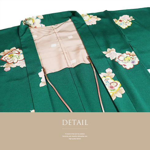 羽織 リサイクル 身丈92cm 裄62.4cm 袷 デザイン花模様 グリーン SSサイズ お洒落 カジュアル 正絹 Sランク