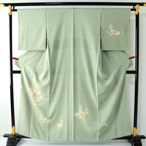付下げ リサイクル 身丈158.2cm 裄64.4cm 袷 桐柄 観世水 金駒刺繍 箔加工 パールトーン加工 グリーン Mサイズ お洒落 正絹 広衿 Sランク